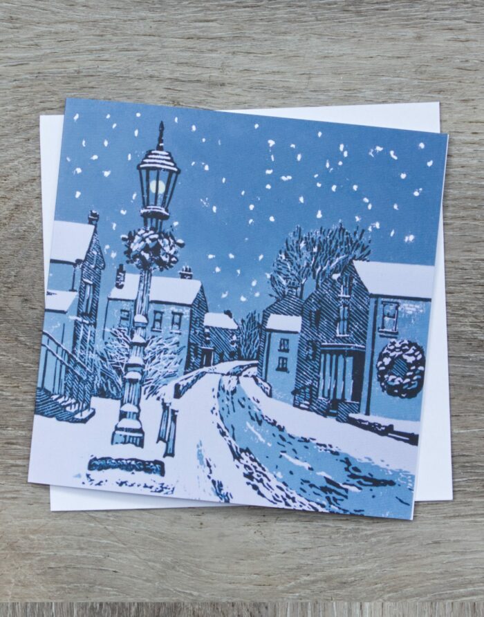 Delph Christmas card printed from Handmade Lino prints made in Saddleworth